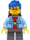 Minifig No: cty1393  Name: Boy - Bright Light Blue Denim Jacket, Dark Bluish Gray Short Legs, Blue Hair, Reddish Brown Backpack