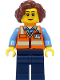 Minifig No: cty1396  Name: School Bus Driver - Female, Orange Safety Vest with Reflective Stripes, Dark Blue Legs, Reddish Brown Hair