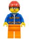 Minifig No: cty1402  Name: Construction Worker - Female, Blue Open Jacket with Pockets and Orange Stripes, Orange Legs, Red Construction Helmet with Dark Brown Hair