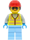 Minifig No: cty1425  Name: Space Engineer - Female, Neon Yellow Safety Vest, Bright Light Blue Legs, Red Construction Helmet with Dark Brown Ponytail Hair, Sunglasses