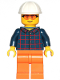 Minifig No: cty1435  Name: Construction Worker - Male, Dark Blue Plaid Button Shirt, Orange Legs, White Construction Helmet, Safety Glasses