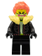 Minifig No: cty1457  Name: Stuntz Driver - Male, Black Jacket and Legs, Bright Light Yellow Fur Collar, Coral Spiked Hair, Yellowish Green Mask