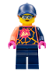 Minifig No: cty1458  Name: Stuntz Crew - Female, Coral Shirt with Sports Logo, Dark Blue Legs, Dark Blue Cap with Dark Orange Ponytail, Glasses
