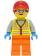 Minifig No: cty1467  Name: Reach Stacker Driver - Female, Neon Yellow Safety Vest, Orange Legs, Red Cap with Reddish Brown Ponytail