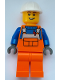 Minifig No: cty1509  Name: Construction Worker - Male, Orange Overalls with Reflective Stripe and Buckles over Blue Shirt, Orange Legs, White Construction Helmet, Open Lopsided Grin