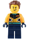 Minifig No: cty1536  Name: Custom Car Garage Driver - Male, Bright Light Orange Racing Jacket, Dark Blue Legs, Reddish Brown Hair