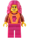 Minifig No: cty1540  Name: Gaming Tournament Participant - Female, Orange T-Shirt with Fist, Magenta Legs, Magenta Hair