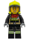 Minifig No: cty1545  Name: Fire - Female, Black Jacket and Legs with Reflective Stripes and Red Collar, Neon Yellow Fire Helmet, Trans-Black Visor, Scared Open Mouth with Teeth