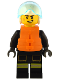 Minifig No: cty1549  Name: Fire - Male, Black Jacket and Legs with Reflective Stripes and Red Collar, White Helmet, Trans-Light Blue Visor, Orange Life Jacket