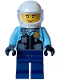 Minifig No: cty1557  Name: Police - City Motorcyclist Female, Safety Vest with Police Badge, Dark Blue Legs, White Helmet, Trans-Clear Visor