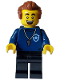 Minifig No: cty1559  Name: Police - City Trainer Academy Male, Dark Blue Shirt, Silver Whistle, Black Legs, Reddish Brown Hair, Open Mouth