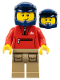 Minifig No: cty1571  Name: Mountain Bike Cyclist - Male, Red Tracksuit, Dark Tan Legs with Pockets, Dark Blue Dirt Bike Helmet, Lopsided Smile