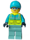 Minifig No: cty1573  Name: Paramedic - Female, Dark Turquoise and Neon Yellow Safety Vest, Sand Green Legs, Dark Turquoise Cap with Black Ponytail Hair, Safety Glasses