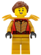 Minifig No: cty1577  Name: Stuntz Driver - Female, Red Racing Jacket with Gold Scales, Pearl Gold Legs, Pearl Gold Shoulder Armor, Reddish Brown Ponytail