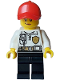 Minifig No: cty1599  Name: Fire - Female, White Shirt with Fire Logo Badge and Belt, Black Legs, Red Cap with Ponytail, Smirk, Medium Nougat Lips