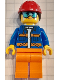Minifig No: cty1600  Name: Construction Worker - Female, Blue Jacket with Diagonal Lower Pockets and Orange Stripes, Orange Legs, Red Construction Helmet with Dark Brown Ponytail Hair, Goggles