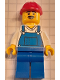 Minifig No: cty1601  Name: Construction Worker - Male, Blue Overalls over V-Neck Shirt, Blue Legs, Red Construction Helmet, Moustache