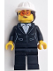 Minifig No: cty1606  Name: Construction Engineer / Architect - Female, Black Suit Jacket with White Button Up Shirt, Black Legs, White Construction Helmet with Dark Brown Ponytail Hair, Safety Glasses