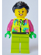 Minifig No: cty1631  Name: Mountain Bike Cyclist - Female, Neon Yellow Jacket with Paint Splotches, Lime Legs, Black Hair