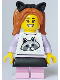 Minifig No: cty1643  Name: Child - Girl, White Top with Raccoon, Bright Pink Short Legs, Dark Orange Pigtails, Black Skirt and Cat Ears