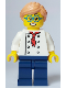 Minifig No: cty1646  Name: Pizza Chef - Female, White Torso with 8 Buttons, Dark Blue Legs, Nougat Hair, Glasses