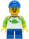 Minifig No: cty1662  Name: Boy - White Dinosaur Shirt with Lime Sleeves, Blue Short Legs, Blue Cap