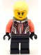 Minifig No: cty1666  Name: Race Car Driver - Male, Black and Coral Racing Suit, Black Legs, Bright Light Yellow Hair