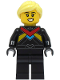Minifig No: cty1672  Name: Monster Truck Driver - Female, Black Racing Suit with Red, Dark Azure and Bright Light Orange Stripes, Bright Light Yellow Hair