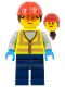 Minifig No: cty1673  Name: Airport Worker - Female, Neon Yellow Safety Vest, Dark Blue Legs, Red Construction Helmet with Dark Brown Ponytail Hair, Safety Glasses