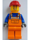 Minifig No: cty1688  Name: Construction Worker - Male, Orange Overalls with Reflective Stripe and Buckles over Blue Shirt, Orange Legs, Red Construction Helmet, Open Mouth Smile