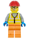 Minifig No: cty1710  Name: Construction Worker - Male, Neon Yellow Safety Vest, Orange Legs, Red Construction Helmet, Black Glasses