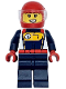 Minifig No: cty1711  Name: Race Car Driver - Female, White, Dark Blue and Bright Light Orange Racing Suit, Dark Blue Legs, Red Helmet