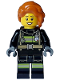Minifig No: cty1713  Name: Fire - Female, Black Jacket and Legs with Reflective Stripes, Dark Orange Hair Wavy, Loose Braid