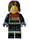 Minifig No: cty1714  Name: Fire - Male, Black Jacket and Legs with Reflective Stripes and Red Collar, Dark Brown Hair Mid-Length Tousled