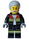 Minifig No: cty1716  Name: Fire - Male, Black Open Jacket and Legs with Reflective Stripes and Red Collar, Light Bluish Gray Coiled Hair