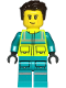 Minifig No: cty1724  Name: Paramedic - Male, Dark Turquoise and Neon Yellow Safety Vest, Legs with Silver Reflective Stripes, Dark Brown Hair
