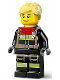 Minifig No: cty1731  Name: Fire - Female, Black Jacket and Legs with Reflective Stripes and Red Collar, Bright Light Yellow Hair Ponytail and Swept Sideways Fringe