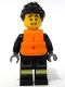 Minifig No: cty1733  Name: Fire - Male, Black Jacket and Legs with Reflective Stripes, Black Spiked Hair, Orange Life Jacket 