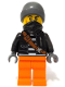 Minifig No: cty1737  Name: Police - City Bandit Crook Male, Black Jacket, Orange Legs, Dark Bluish Gray Beanie, Black Bandana