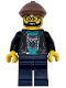 Minifig No: cty1743  Name: Race Truck Driver - Male, Black Jacket over Dark Turquoise Shirt with Hawk Head Logo, Dark Blue Legs, Reddish Brown Flat Cap, Beard, Glasses