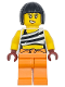 Minifig No: cty1744  Name: Police - City Bandit Crook Female, White Tank Top Cropped with Black Stripes, Orange Legs, Black Bob Cut Hair
