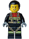 Minifig No: cty1747  Name: Fire - Male, Black Jacket and Legs with Reflective Stripes, Harness and Red Collar, Black Hair Ponytail