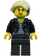 Minifig No: cty1774  Name: Sports Car Driver - Female, Black Leather Jacket over Shirt with White Stripes, Pearl Dark Gray Legs, Tan Hair with Cochlear Implant