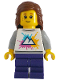 Minifig No: cty1782  Name: Tram Passenger - Female, White Shirt with Mountains Logo, Dark Purple Medium Legs, Reddish Brown Hair, Freckles