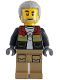 Minifig No: cty1783  Name: Fire - Male, Black Open Jacket with Reflective Stripes and Red Collar, Dark Tan Legs, Light Bluish Gray Coiled Hair