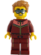 Minifig No: cty1784  Name: Tram Passenger - Male, Dark Red and Coral Jogging Suit, Medium Nougat Hair, Sunglasses