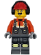 Minifig No: cty1787  Name: Construction Worker - Male, Reddish Orange Safety Jacket, Reflective Stripe, Dark Bluish Gray Overalls, Red Construction Helmet with Black Ear Protectors / Headphones, Black Moustache