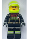 Minifig No: cty1794  Name: Fire - Female, Black Jacket and Legs with Reflective Stripes and Red Collar, Neon Yellow Helmet, Trans-Clear Visor