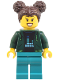 Minifig No: cty1801  Name: Robot World Patron - Female, Dark Green Hoodie, Dark Turquoise Legs, Dark Brown Hair