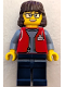 Minifig No: cty1809  Name: Forklift Driver - Female, Red Vest over Sand Blue Shirt, Dark Blue Legs, Dark Brown Hair